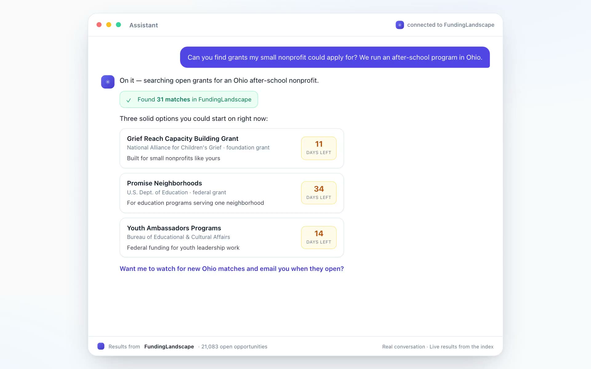 Demo: asking an AI assistant to find funding; it searches Funding Landscape and returns real open grants.
