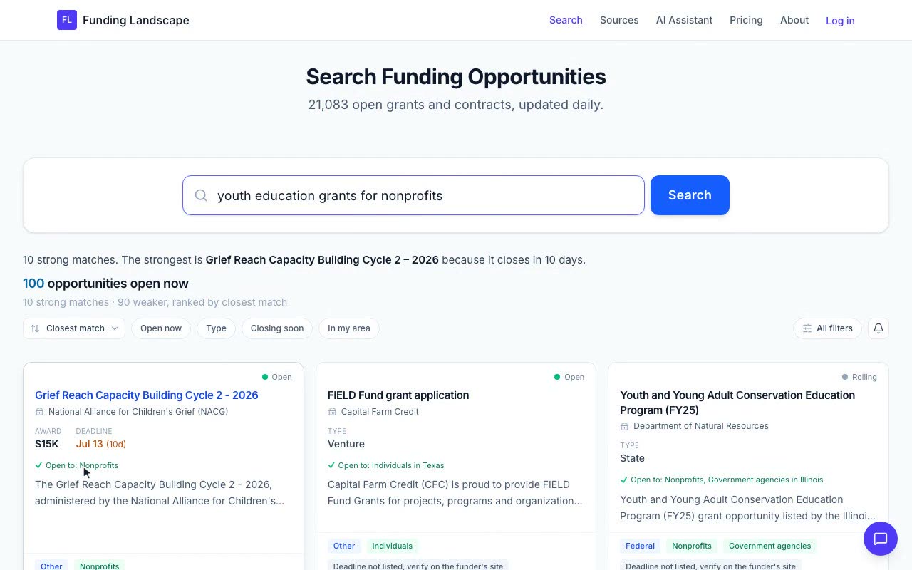 Product demo: searching Funding Landscape and opening a live grant with its deadline and application link.